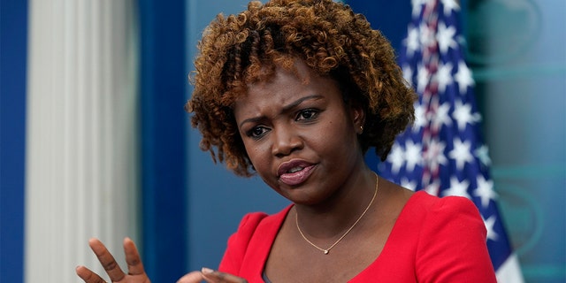 White House Press Secretary Karine Jean-Pierre speaks during the daily briefing at the White House in Washington.