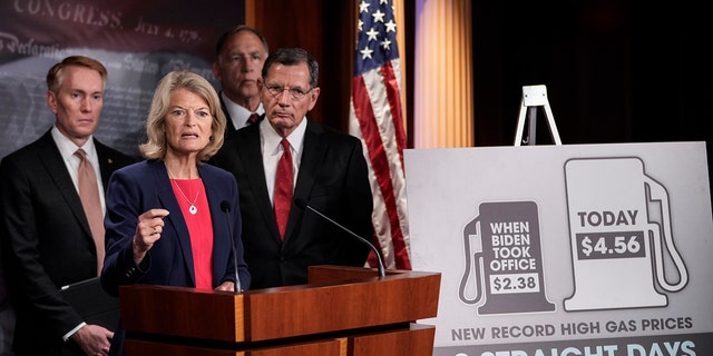 WASHINGTON, DC - MAY 18:  Sen. Lisa Murkowski, R-AK, speaks during a news conference about high gas prices at the U.S. Capitol on May 18, 2022 in Washington, DC. 