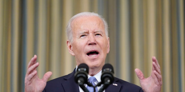 President Joe Biden speaks in the State Dining Room of the White House, Friday, April 1, 2022, in Washington. (AP Photo/Patrick Semansky, File)