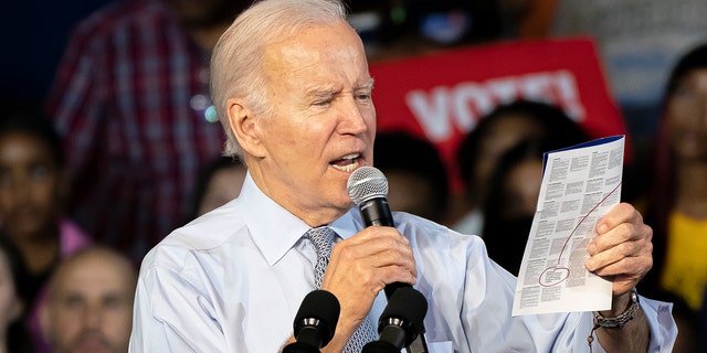 President Biden speaks at a campaign rally for Democratic gubernatorial candidate Wes Moore at Bowie State University on November 7, 2022, in Bowie, Maryland. 