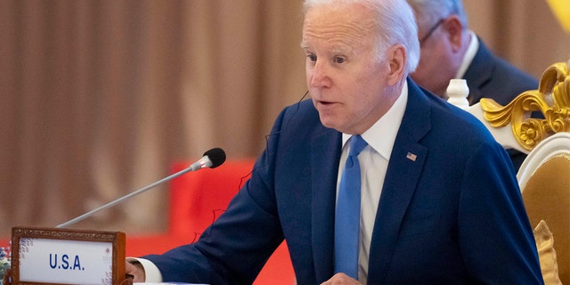 President Biden speaks during the Association of Southeast Asian Nations (ASEAN) summit, Saturday, Nov. 12, 2022, in Phnom Penh, Cambodia.