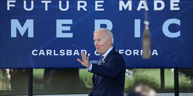 U.S. President Joe Biden speaks with dignitaries and employees at ViaSat on November 4, 2022 in Carlsbad, California. 