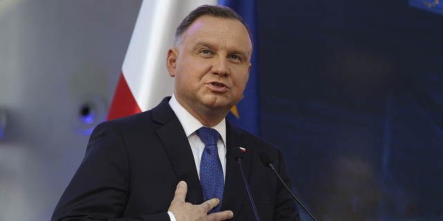 Polish President Andrzej Duda speaks at a news conference in Konstancin-Jeziorna, Poland, on Thursday, June 2.