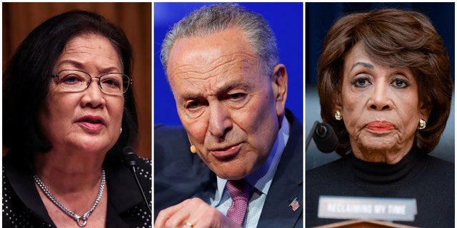 Sens. Mazie Hirono and Chuck Schumer next to photo of Rep. Maxine Waters 