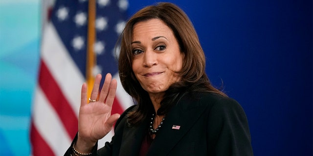 Vice President Kamala Harris waves as she departs after speaking at the Tribal Nations Summit in the South Court Auditorium on the White House campus, Tuesday, Nov. 16, 2021, in Washington. 