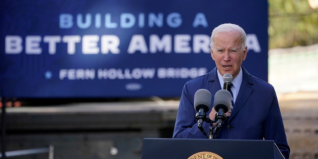 President Biden speaks about his infrastructure agenda while visiting the Fern Hollow Bridge Pittsburgh Oct. 20, 2022. 