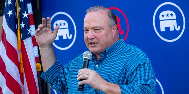 Scott Baugh speaks while joining Republican National Committee (RNC), the California Republican Party (CAGOP) and top Orange County Republican Candidates during a rally ahead of the November elections in Newport Beach Monday, Sept. 26, 2022.