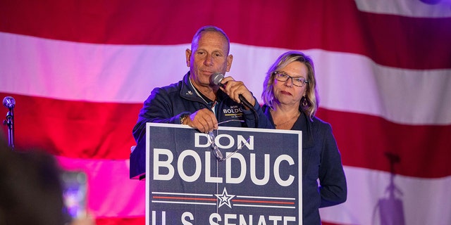 Republican candidate for Senator Don Bolduc, joined by his wife Sharon, speaks to supporters at an election night party on November 08, 2022 in Manchester, New Hampshire.