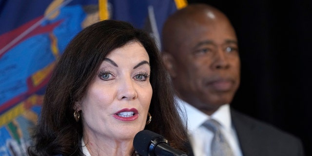 NEW YORK, NEW YORK - AUGUST 24: New York Governor Kathy Hochul speaks to reporters.