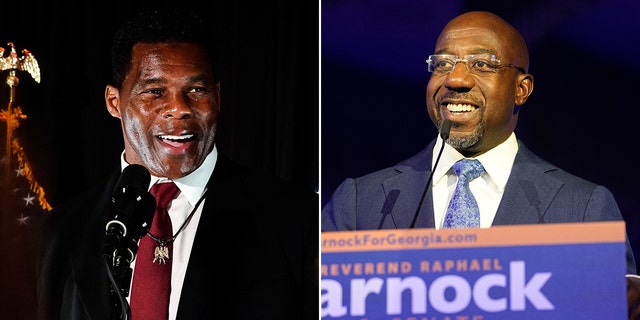 Republican U.S. Senate candidate Herschel Walker, left, and Democratic Sen. Raphael Warnock speak during Election Night watch parties on Tuesday, Nov. 8, 2022, in Atlanta. 