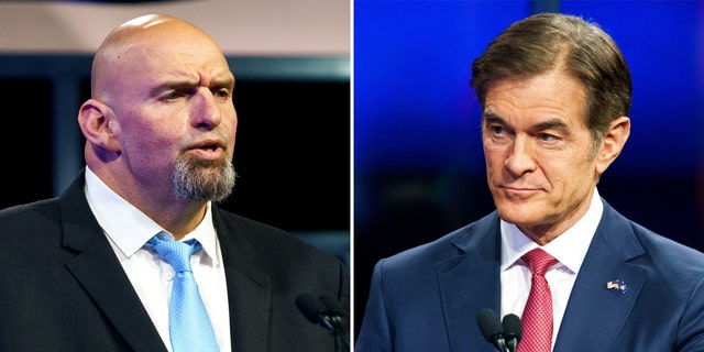 Pennsylvania Senate candidates John Fetterman and Dr. Mehmet Oz participate in a debate on Oct. 25 in Harrisburg, Penn.