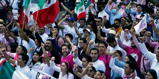 Citizen organizations march in support of Mexico's National Elections Institute as President Andrés Manuel López Obrador pushes to reform it, in Mexico City on Nov. 13, 2022.