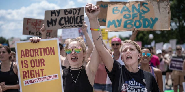 McKayla Wolff, left, and Karen Wolff, right, joined hands as they rallied for abortion rights at the capitol in St. Paul, Minn., on Sunday, July 17, 2022.  (Jerry Holt/Star Tribune via Getty Images)