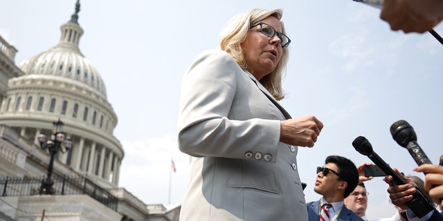 U.S. Rep. Liz Cheney, R-Wyom., speaks to reporters outside the U.S. Capitol on July 21, 2021 in Washington, DC.  