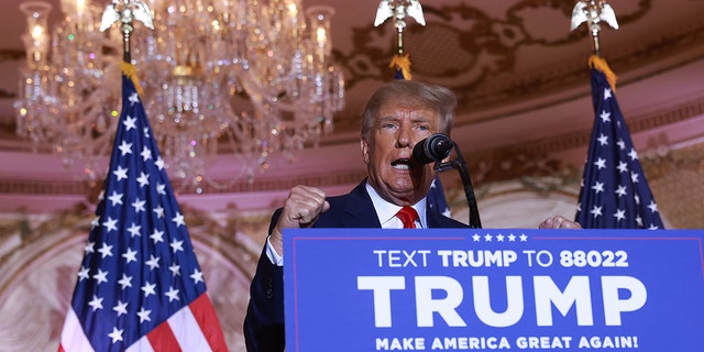 Former President Donald Trump speaks during an event at his Mar-a-Lago home on Nov. 15, 2022, in Palm Beach, Florida.