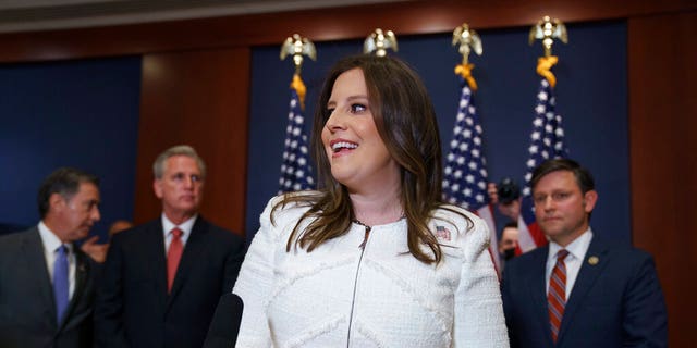 Rep. Elise Stefanik, R-N.Y., speaks to reporters at the Capitol in Washington on May 14, 2021.