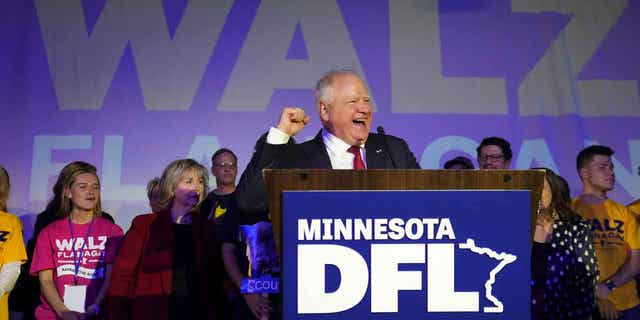 Gov. Tim Walz speaks to the crowd at the DFL election-night party after winning re-election against Republican challenger Scott Jensen on Nov. 8, 2022, in St. Paul, Minnesota.