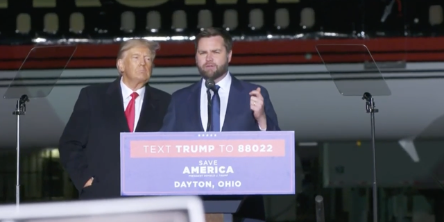 JD Vance speaking in Dayton, Ohio, on Monday alongside former President Trump. 