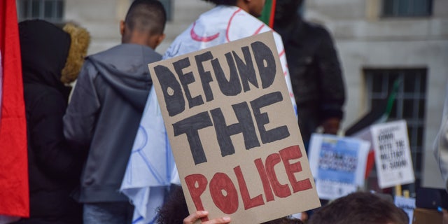 A protester holds a 'Defund The Police' placard.