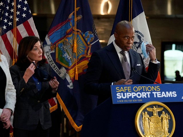 NY Gov. Kathy Hochul and New York city Mayor Eric Adams hold a press conference at the Fulton Street Station January 6, 2022 to announce new state-funded "Safe Options Support Teams," of 8-10 people each, will include medical professionals, social workers and outreach workers to tackle individuals experiencing homelessness. (Photo by TIMOTHY A. CLARY / AFP) (Photo by TIMOTHY A. CLARY/AFP via Getty Images)