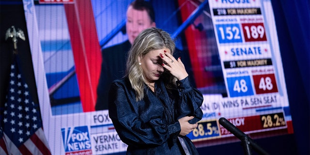 A staff member waits as a lectern is prepared during an election night watch party for House Minority Leader Kevin McCarthy, R-Calif., after the midterm elections, early on Nov. 9, 2022, in Washington, D.C.