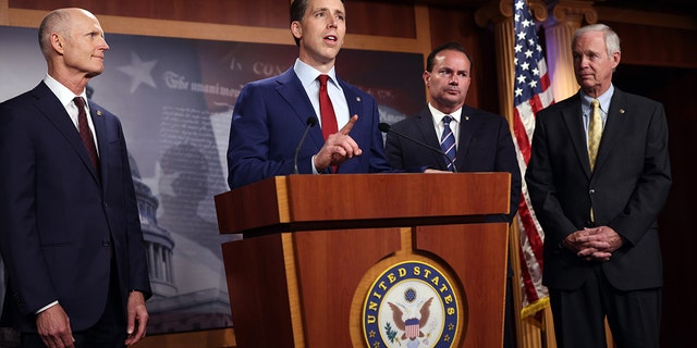 Sen. Josh Hawley, R-Miissouri, with Sen. Rick Scott, R-Florida, Sen. Mike Lee, R-Utah, and Sen. Ron Johnson, R-Wisconsin.