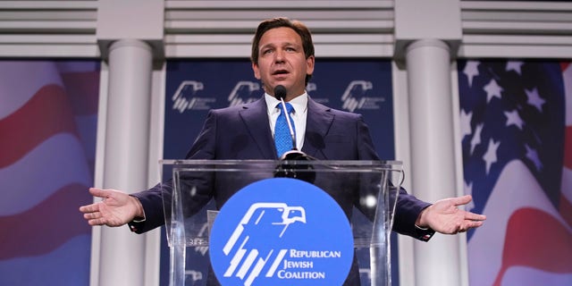 Florida Gov. Ron DeSantis speaks at an annual leadership meeting of the Republican Jewish Coalition Saturday, Nov. 19, 2022, in Las Vegas. 