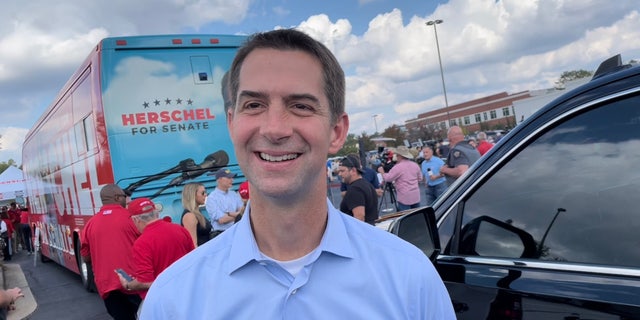 Republican Sen. Tom Cotton of Arkansas speaks with Fox News Digital in Carrollton, Georgia, after teaming up with GOP Senate nominee Herschel Walker at a campaign event, on Oct. 11, 2022.