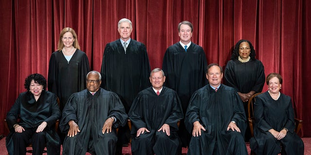 Members of the Supreme Court sit for a group photo following the recent addition of Associate Justice Ketanji Brown Jackson, at the Supreme Court building on Capitol Hill on Friday, Oct 07, 2022 in Washington, DC. 