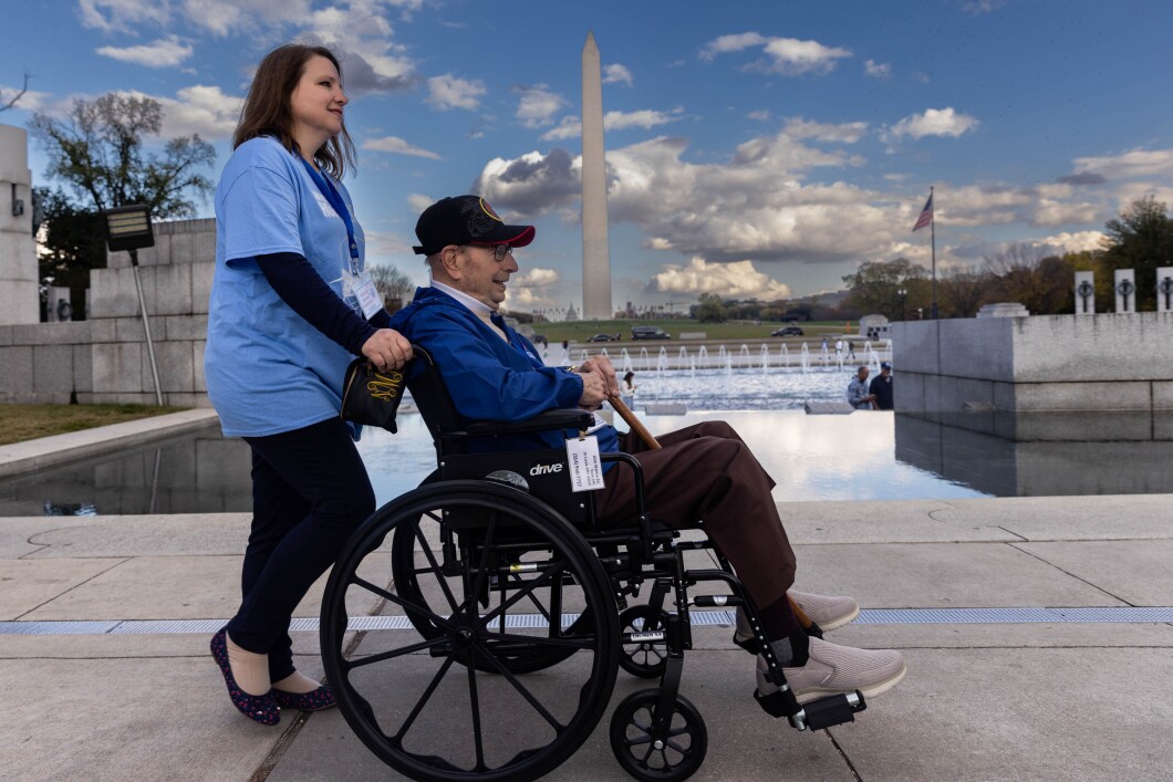 Jack Wilke, a WW2 Marine Corps veteran, visits the World War 2 Memorial in Washington D.C., Tuesday, November 1, 2022. Ken and Jack traveled to Washington as part of the The Honor Flight Network, which pays tribute to veterans of WWII, Korea, and Vietnam with a trip to the nationÕs capital to visit and reflect at the memorials.