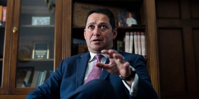 Rep. Tony Gonzales, R-Texas, is interviewed by CQ-Roll Call, Inc via Getty Images in his Longworth Building office on Wednesday, October 20, 2021. 