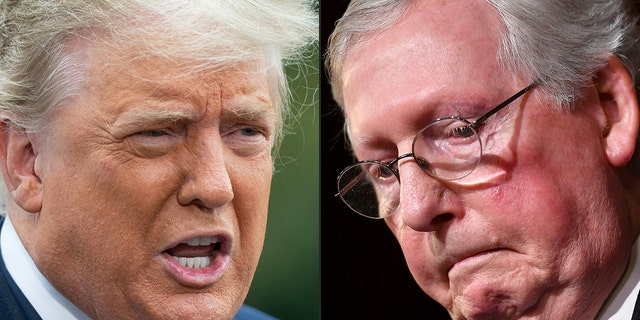 This combination of pictures created on February 16, 2021 shows US President Donald Trump in Washington, DC, October 27, 2020 and US Senate Majority Leader Mitch McConnell, R-Kent., in Capitol Hill in Washington, DC on February 5, 2020. 