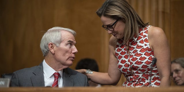 Democratic Arizona Senator Kyrsten Sinema, right, speaks with Republican Ohio Senator Rob Portman. Both are sponsors of the Respect for Marriage Act. 