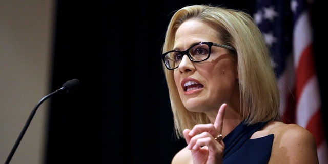 Then-Democratic candidate Kyrsten Sinema speaks to supporters after officially winning the U.S. Senate race at the Omni Montelucia resort in Scottsdale, Arizona, U.S., November 12, 2018. 