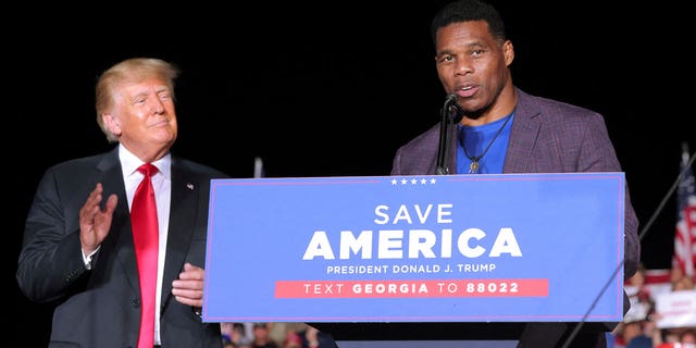 Republican Senate candidate Herschel Walker speaks at a rally, as former President Donald Trump applauds, in Perry, Georgia, Sept. 25, 2021.