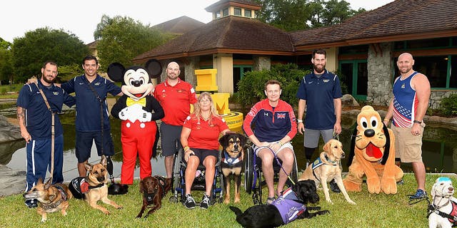 The Service Dogs Of The Invictus Games pose with their owners from left to right Leonard Anderson, August O'Niell, Luc Martin, Christine Gauthier, Jon Flint, Stefan Leroy, Brett Parks at Shades of Green on May 12, 2016 in Lake Buena Vista, Florida.  (Photo by Gustavo Caballero/Getty Images)