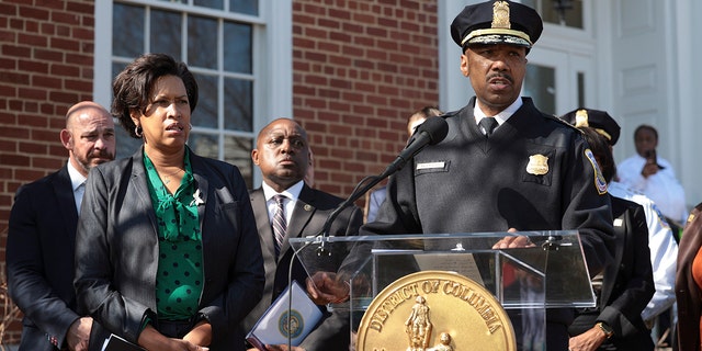 Washington Metropolitan Police Chief Robert Contee III (R), joined by Washington, DC Mayor Muriel Bowser (L) and Charlie Patterson, Special Agent in Charge (SAC) of the Washington Field Division for the Bureau of Alcohol, Tobacco, Firearms and Explosives (ATF), speaks at a press conference on the recent shootings of homeless individuals in Washington, DC and New York City on March 15, 2022 in Washington, DC.