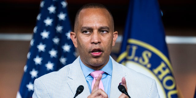 Rep. Hakeem Jeffries conducts a news conference after a meeting of the House Democratic Caucus in the Capitol Visitor Center on July 13, 2022.