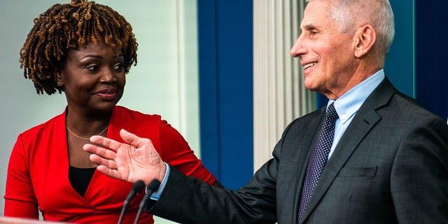 Chief Medical Advisor Dr. Anthony Fauci and White House Press Secretary Karine Jean-Pierre during the daily press briefing in the James Brady Room at the White House on November 22, 2022.