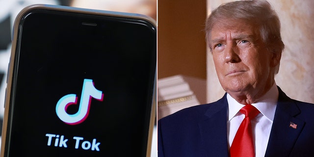 A split photo of former U.S. President Donald Trump in Palm Beach, Fla. on Nov. 15, 2022, and the TikTok logo shown on a mobile phone in Shenzhen, Guangdong province, China, Nov. 29, 2022.