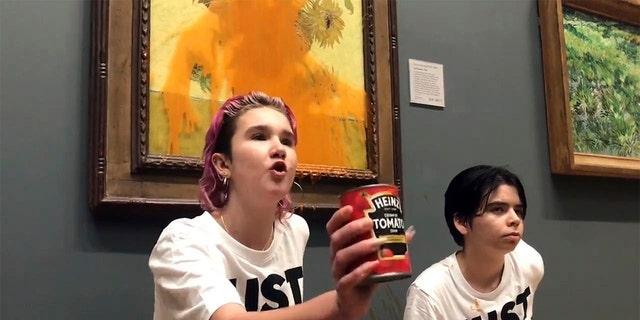 Two protesters threw canned soup at Vincent van Gogh's famous 1888 work "Sunflowers" at the National Gallery in London on Oct. 14, 2022.