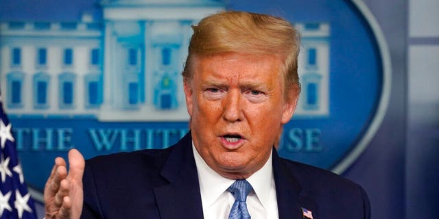 Former President Donald Trump speaks during a press briefing with the coronavirus task force, in the Brady press briefing room at the White House, Monday, March 16, 2020, in Washington.