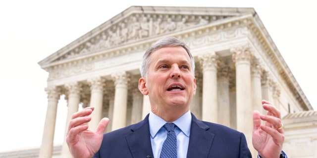 FILE - North Carolina Attorney General Josh Stein speaks in front of the Supreme Court in Washington, on Dec. 7, 2022. 