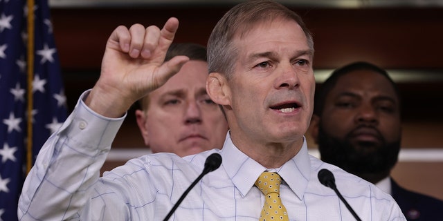 WASHINGTON, DC - NOVEMBER 17: Flanked by House Republicans, U.S. Rep. Jim Jordan, R-Ohio, at the U.S. Capitol on November 17, 2022, in Washington, DC. 