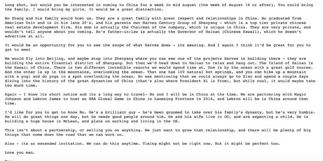 In July 2015, Fran Person invited Hunter Biden to China for a week to meet Bo Zhang and his family, noting that Bo Zhang was being "groomed to take over his family's dynasty" in China. 