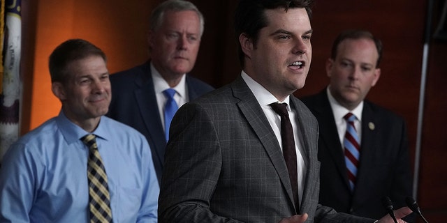 U.S. Rep. Matt Gaetz, R-Florida, speaks as Rep. Jim Jordan, R-Ohio, Rep. Mark Meadows, R-North Carolina, and Rep. Lee Zeldin (R-NY) listen during a news conference May 22, 2018 on Capitol Hill in Washington, DC. Rep. 