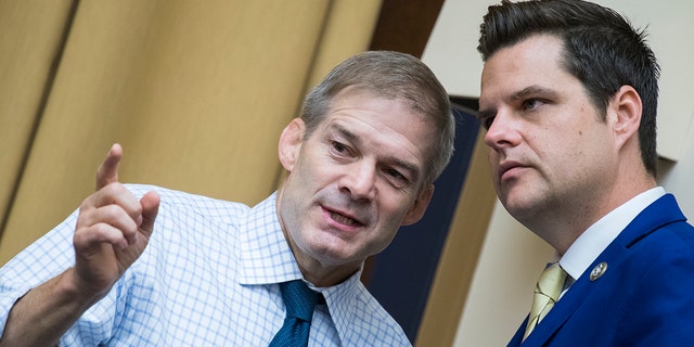 Reps. Jim Jordan, R-Ohio, left, and Matt Gaetz, R-Fla., in the Rayburn Building on Wednesday, July 17, 2019. 