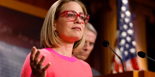 Sen. Kyrtsen Sinema, D-Ariz., speaks at a news conference after the Senate passed the Respect for Marriage Act at the Capitol Nov. 29, 2022, in Washington, D.C.