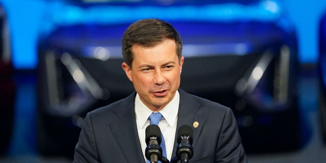 Secretary of Transportation Pete Buttigieg speaks at the North American International Auto Show in Detroit on Sept. 14, 2022.