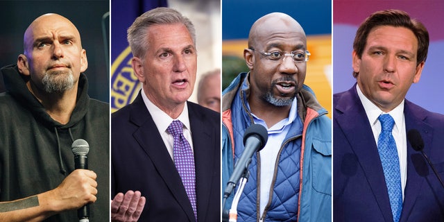 From left: Sen.-elect John Fetterman, D-Pa., House Minority Leader Rep. Kevin McCarthy, R-Calif., Sen. Raphael Warnock, D-Ga., and Florida GOP Gov. Ron DeSantis.